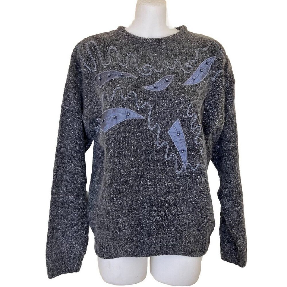 Jessica Silk Angora Knit Pullover Sweater Vintage Grey w/ Beaded Satin Applique